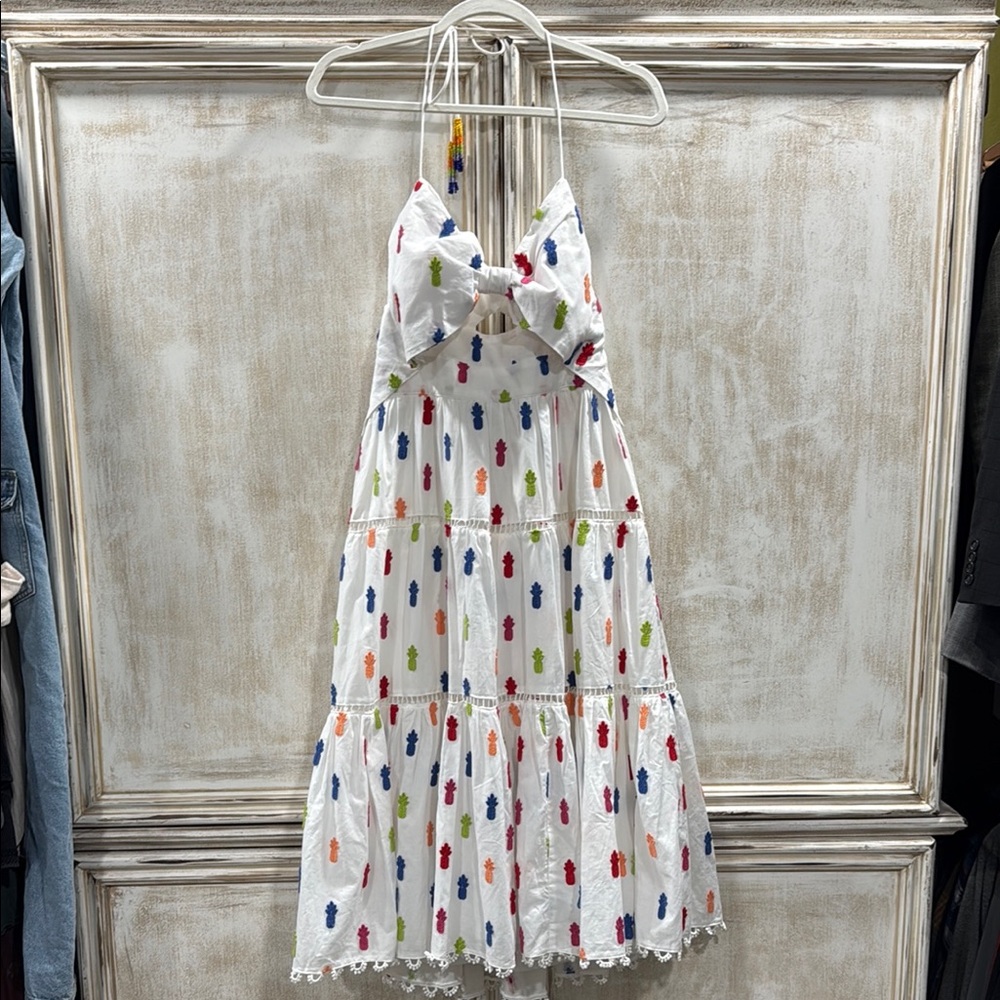 FARM Rio White Tiered Sundress with Multicolor Pineapple Motif